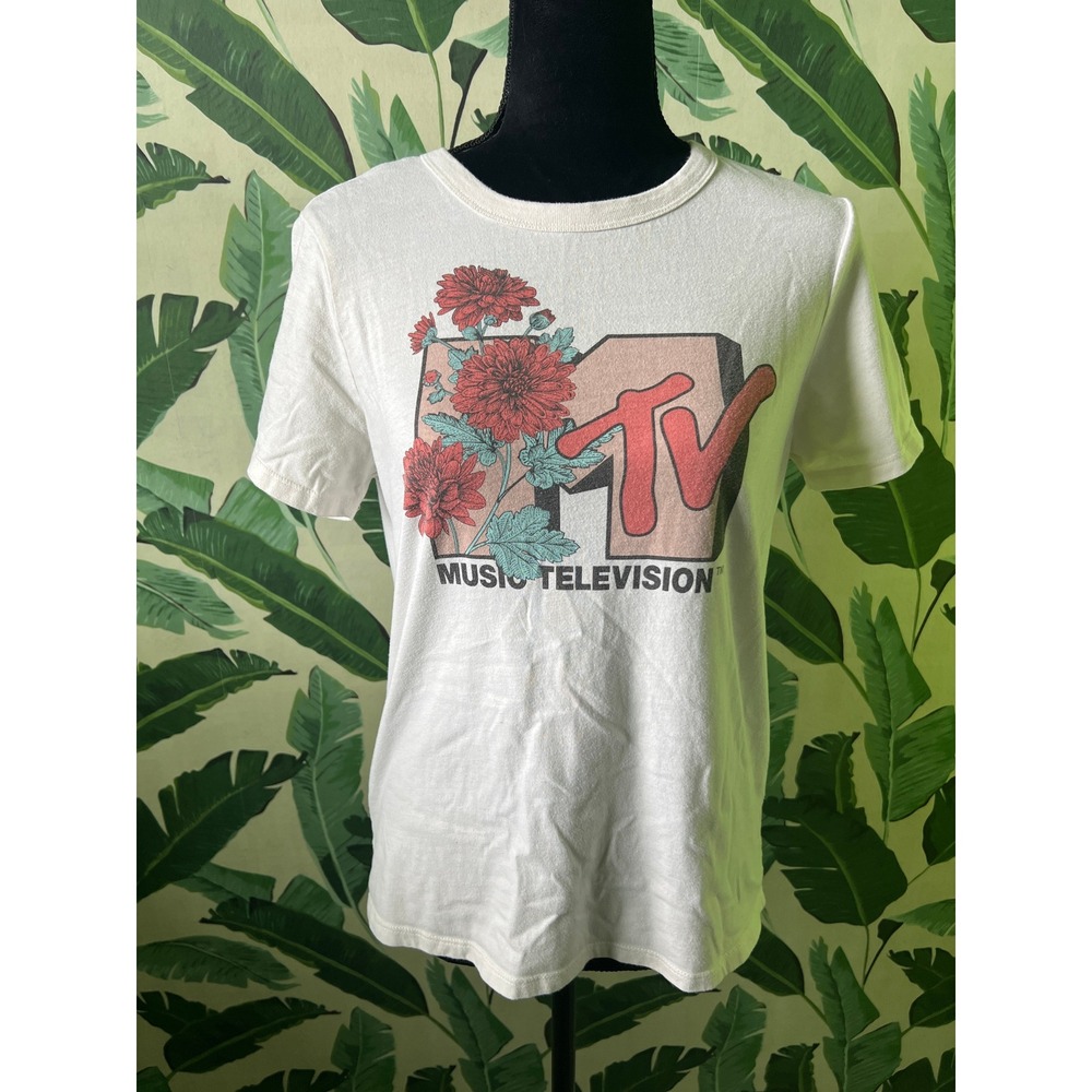 MTV‎ Floral Rose Graphic Tee Women Small White